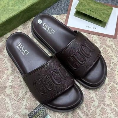 Men’s Pursuit Embossed Leather Slide Sandals in Espresso Brown
